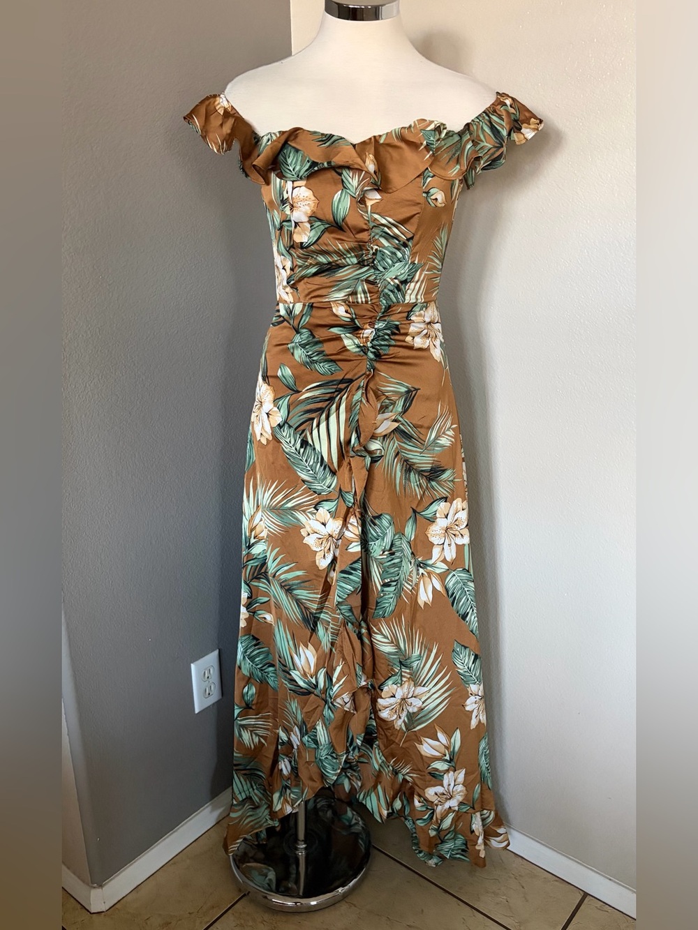 Banjul One-Shoulder Brown Tropical Maxi Dress with Green Leaf Print